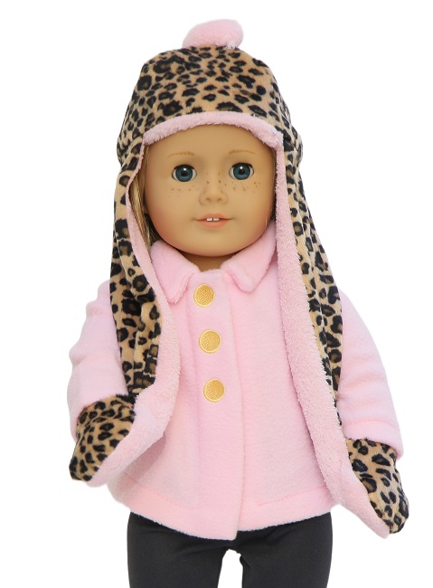 18 Inch Doll Pink Fleece Coat Leopard Hat