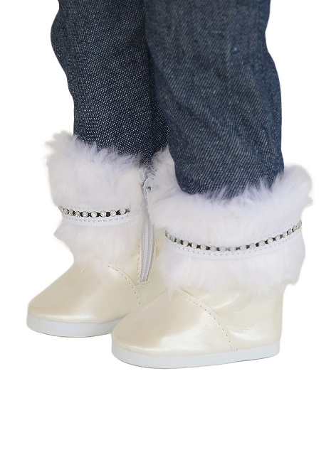 18 Inch Doll White Snow Boots Fur Sequin Trim