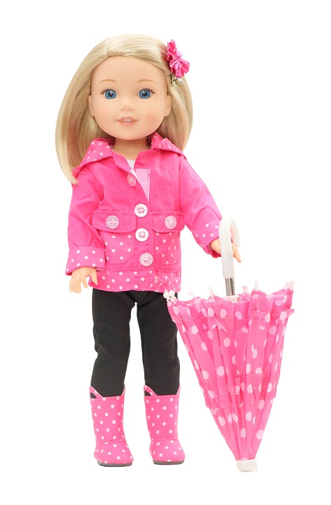 Wellie Wisher Doll Pink Polka Dot Raincoat Set