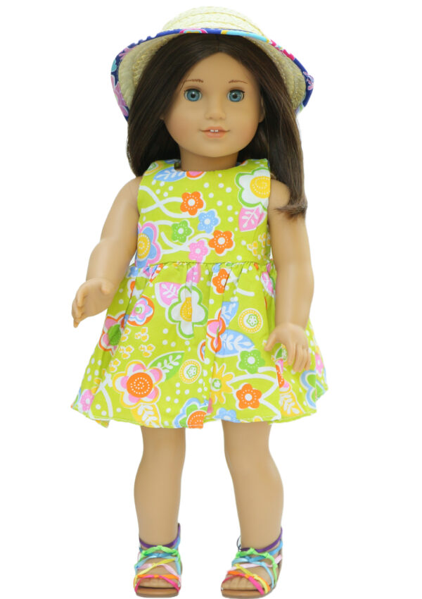 18 Inch Doll Lime Floral Sleeveless Dress Hat